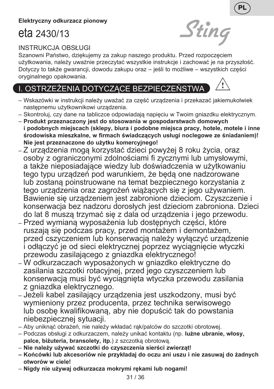 ETA Sting User Manual | Page 31 / 40