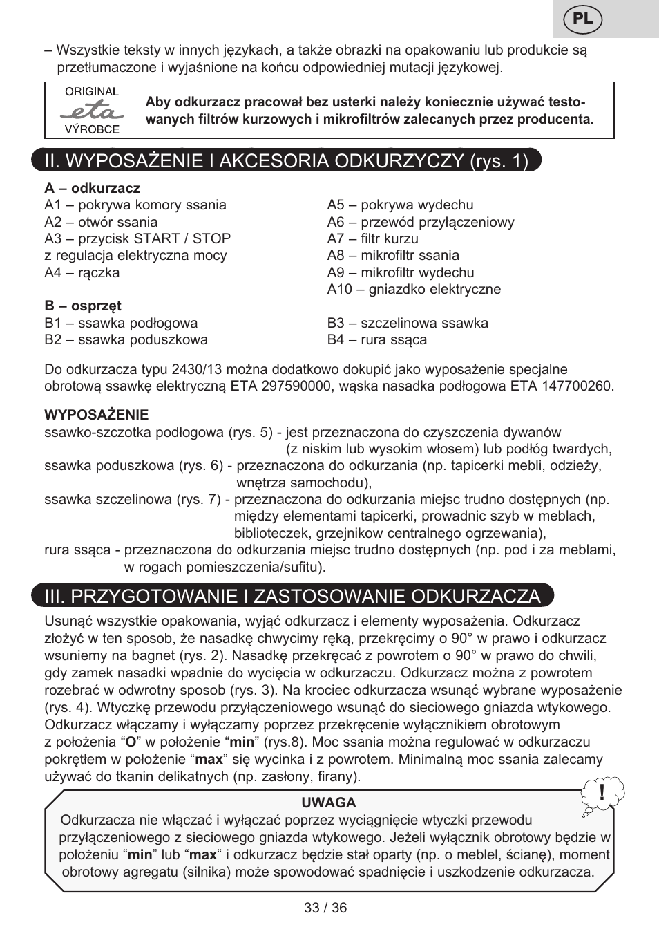 Ii. wyposażenie i akcesoria odkurzyczy (rys. 1), Iii. przygotowanie i zastosowanie odkurzacza | ETA Sting User Manual | Page 33 / 40