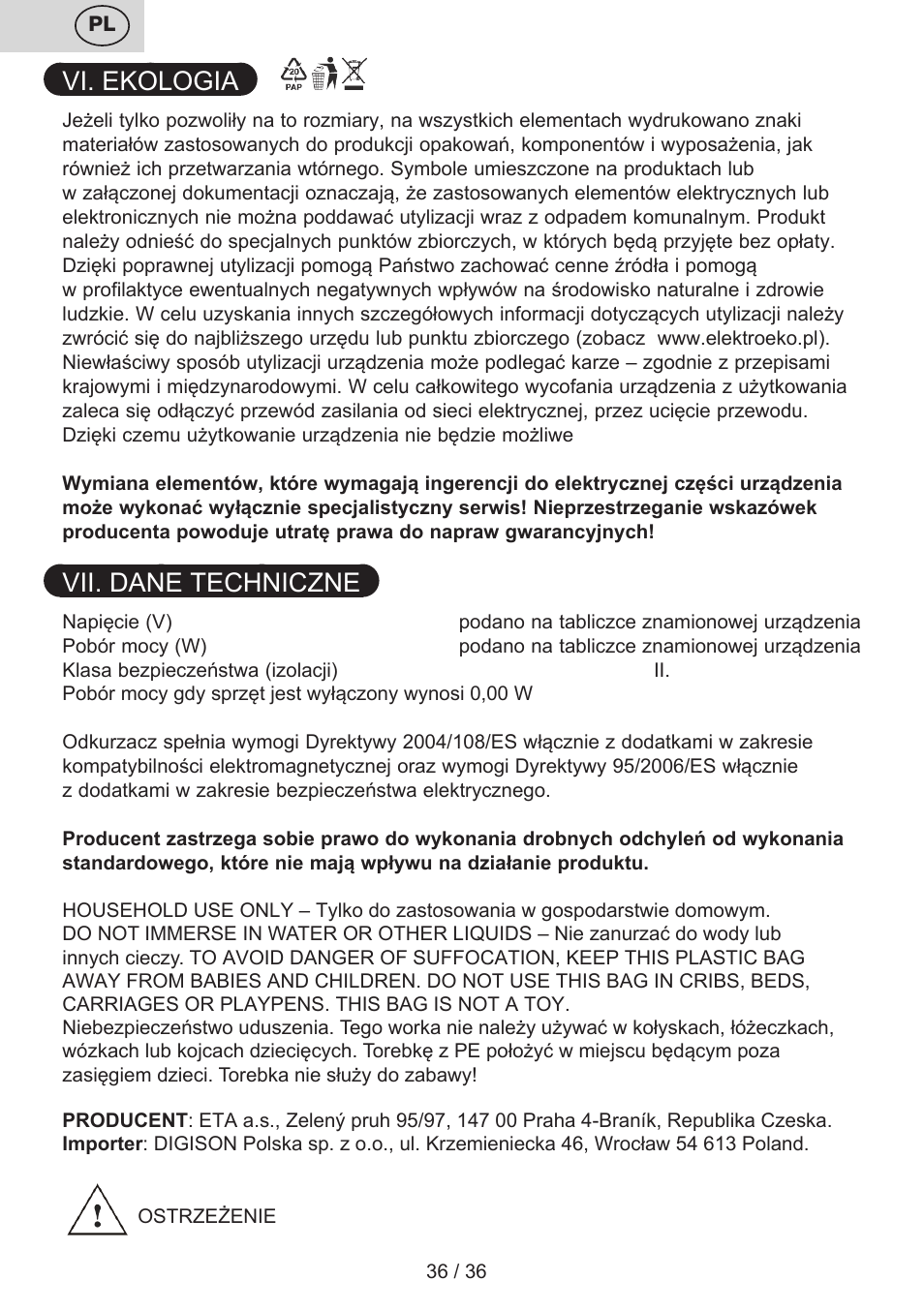 Vi. ekologia, Vii. dane techniczne | ETA Sting User Manual | Page 36 / 40