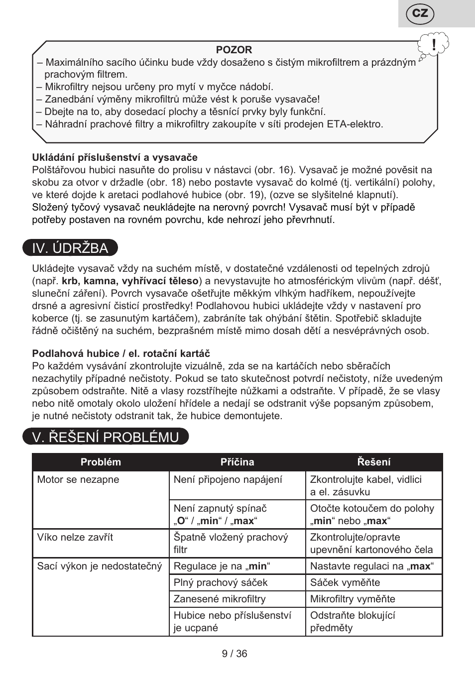 Iv. údržba, V. řešení problému | ETA Sting User Manual | Page 9 / 40