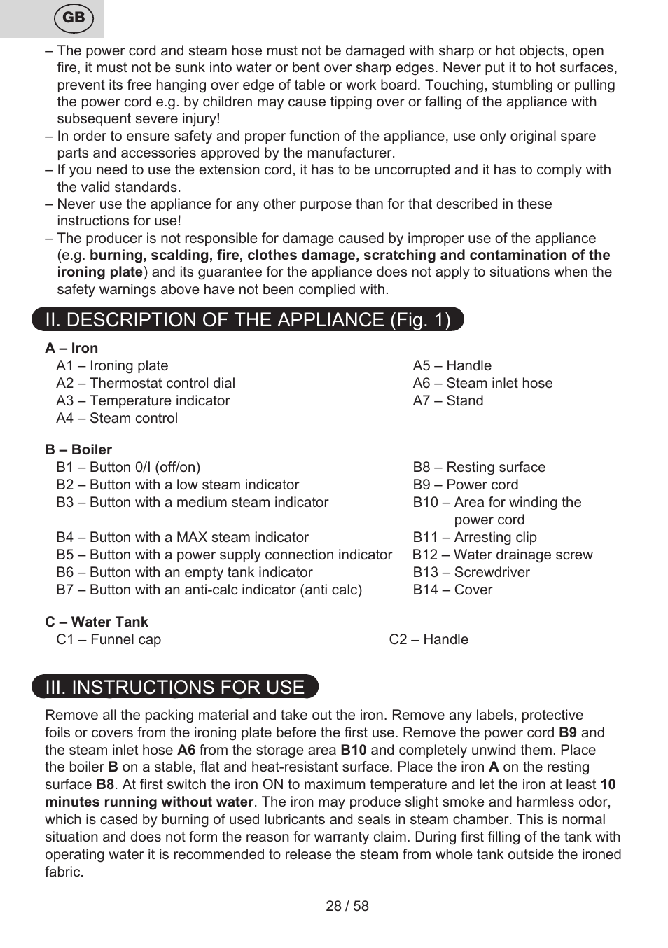 Ii. description of the appliance (fig. 1), Iii. instructions for use | ETA Tonale User Manual | Page 28 / 60
