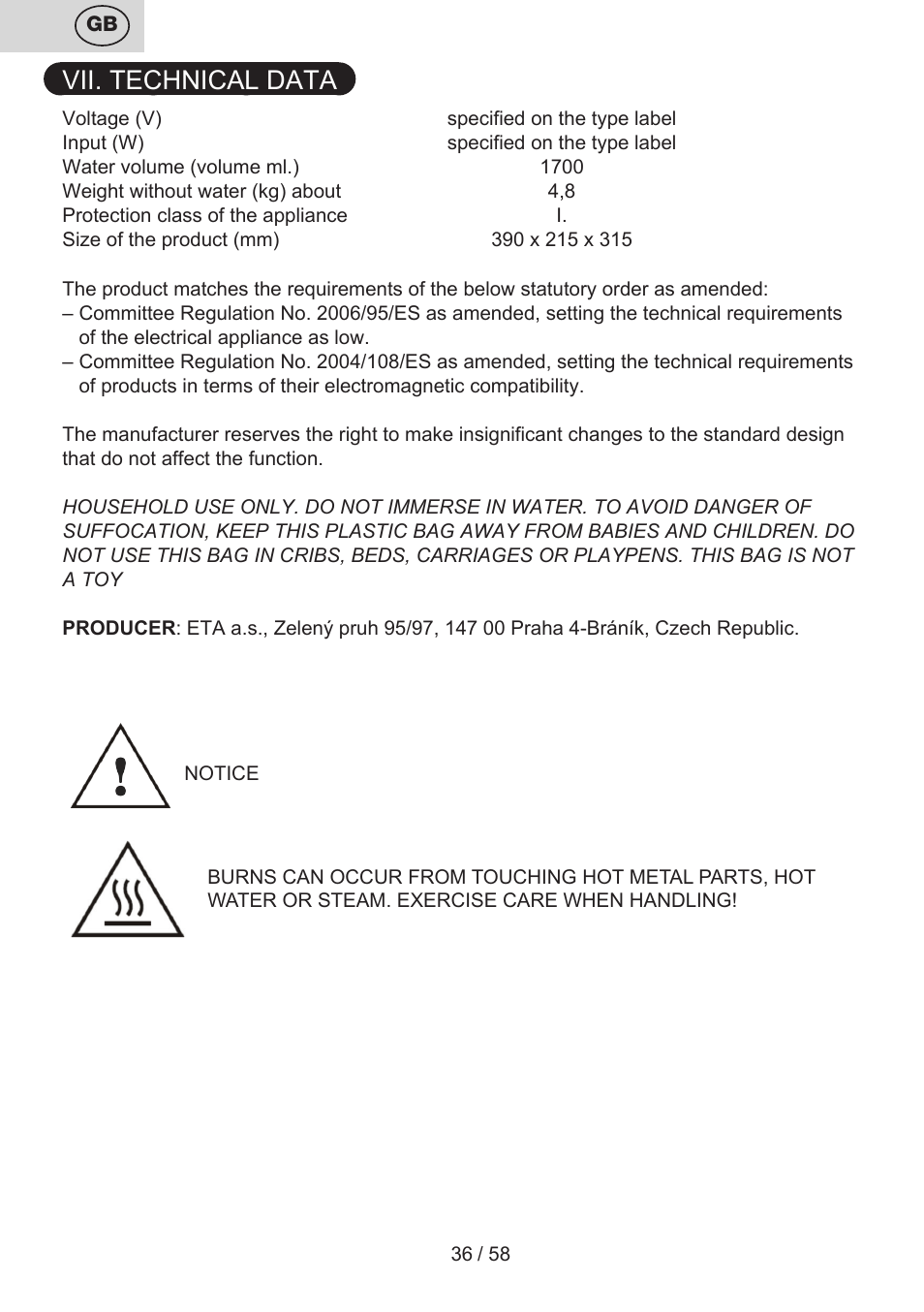 Vii. technical data | ETA Tonale User Manual | Page 36 / 60