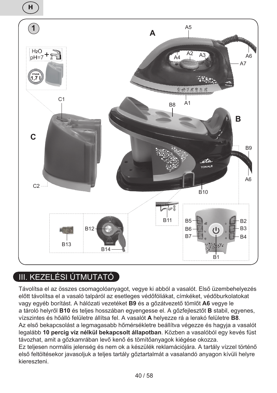 Iii. kezelési útmutató, 1a b c | ETA Tonale User Manual | Page 40 / 60