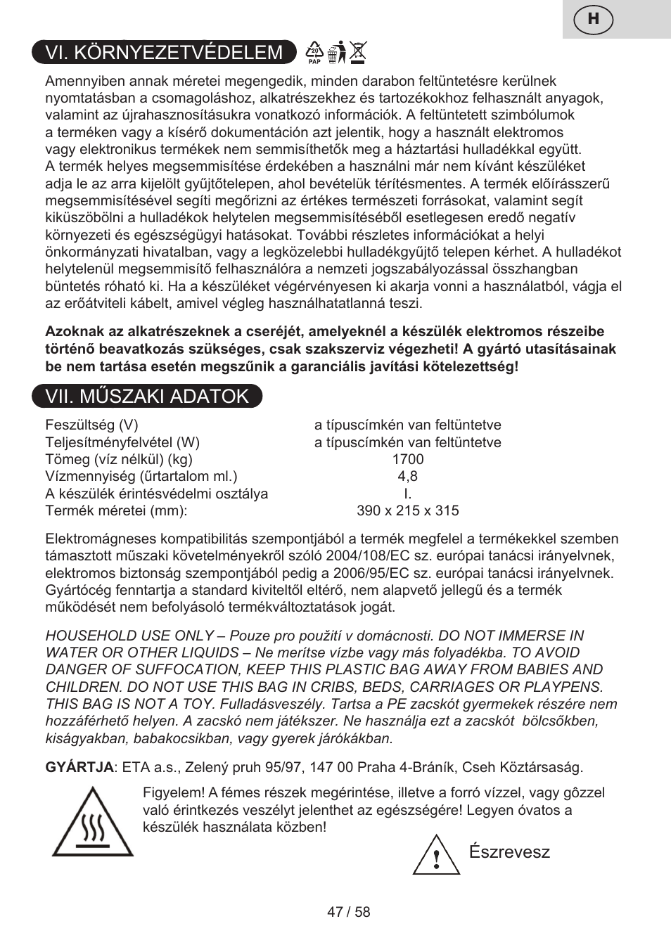 Vi. környezetvédelem, Vii. műszaki adatok | ETA Tonale User Manual | Page 47 / 60
