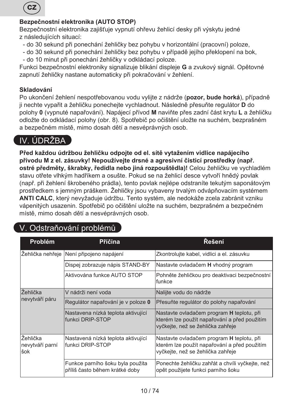 Iv. údržba, V. odstraňování problémů | ETA Digi Viento User Manual | Page 10 / 76