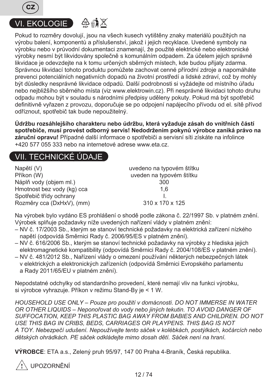 Vi. ekologie, Vii. technické údaje | ETA Digi Viento User Manual | Page 12 / 76