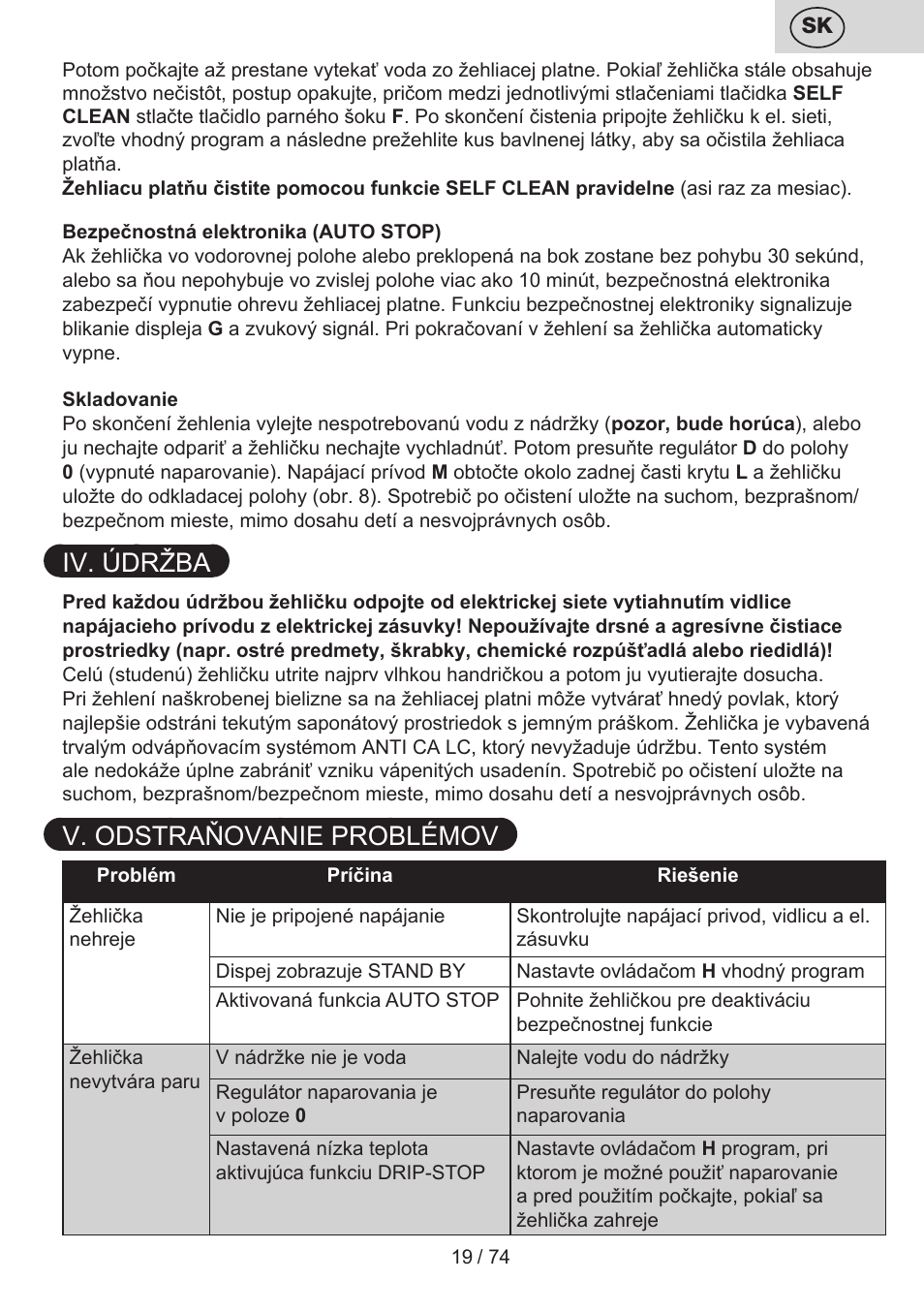 Iv. údržba, V. odstraňovanie problémov | ETA Digi Viento User Manual | Page 19 / 76