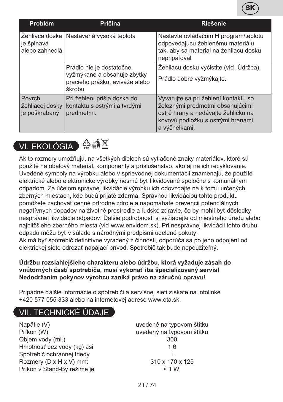 Vi. ekológia, Vii. technické údaje | ETA Digi Viento User Manual | Page 21 / 76