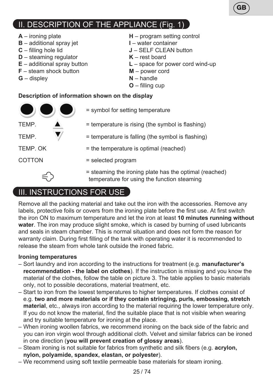 Ii. description of the appliance (fig. 1), Iii. instructions for use | ETA Digi Viento User Manual | Page 25 / 76