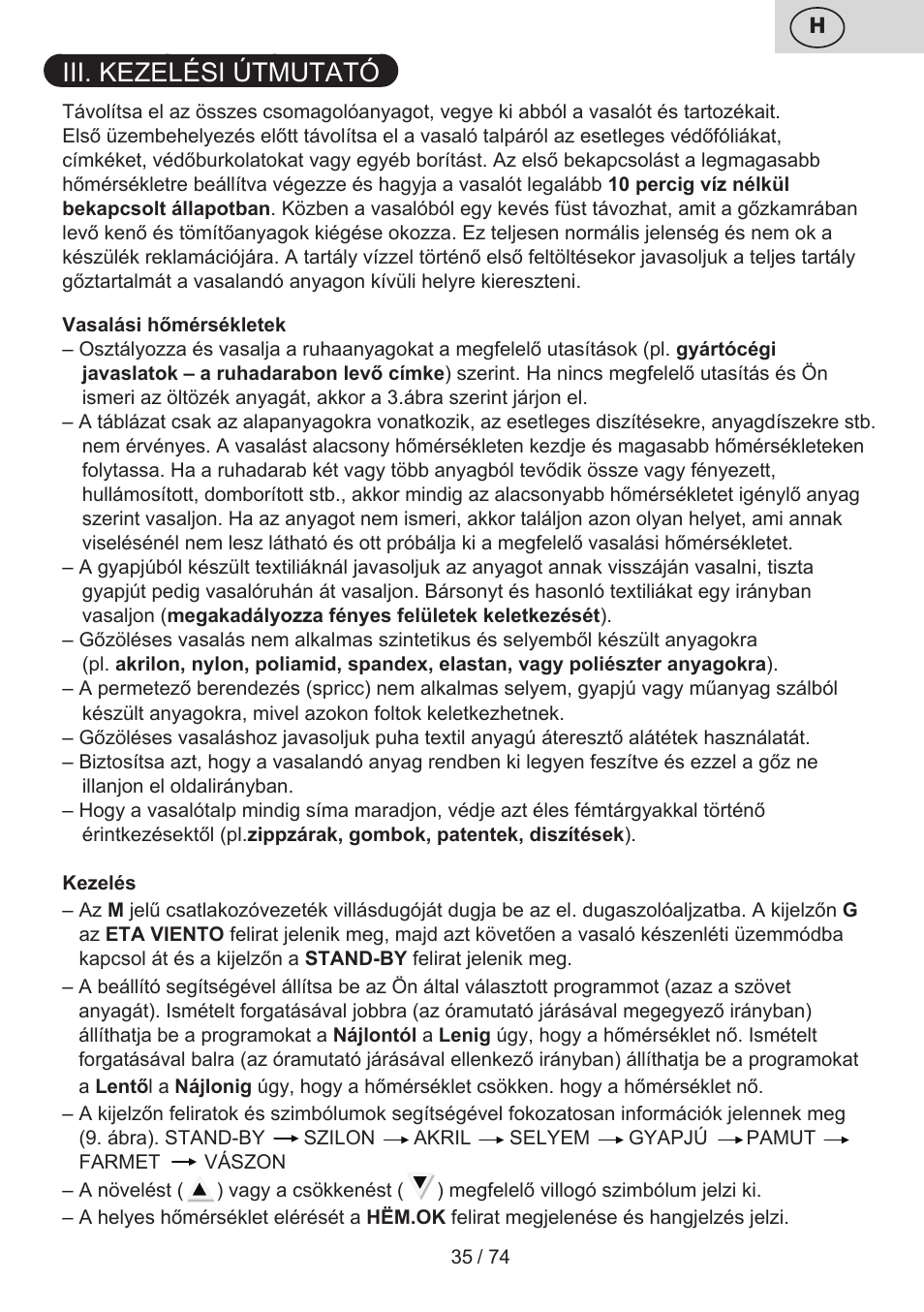 Iii. kezelési útmutató | ETA Digi Viento User Manual | Page 35 / 76