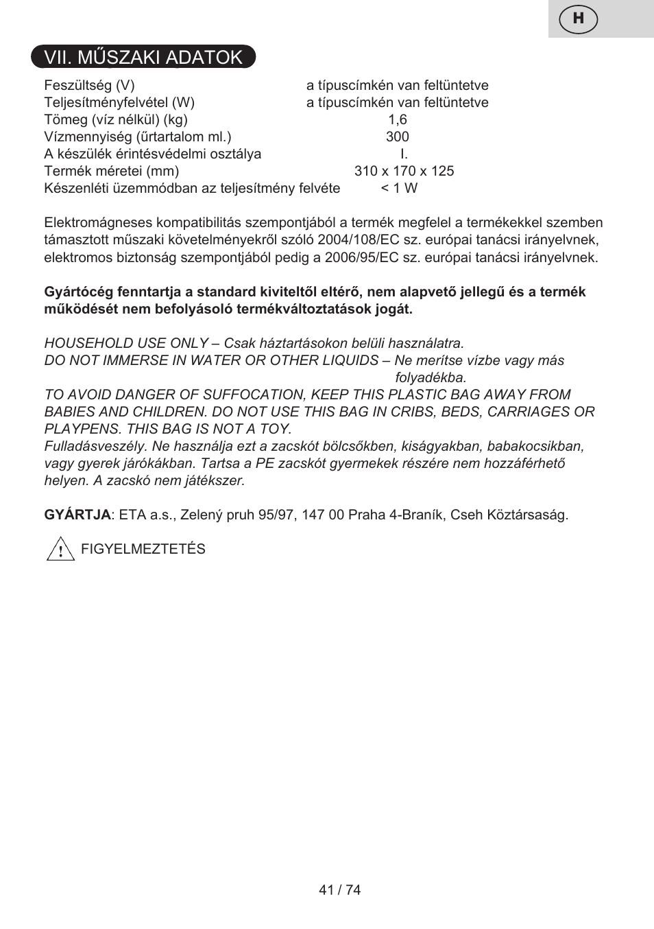 Vii. műszaki adatok | ETA Digi Viento User Manual | Page 41 / 76