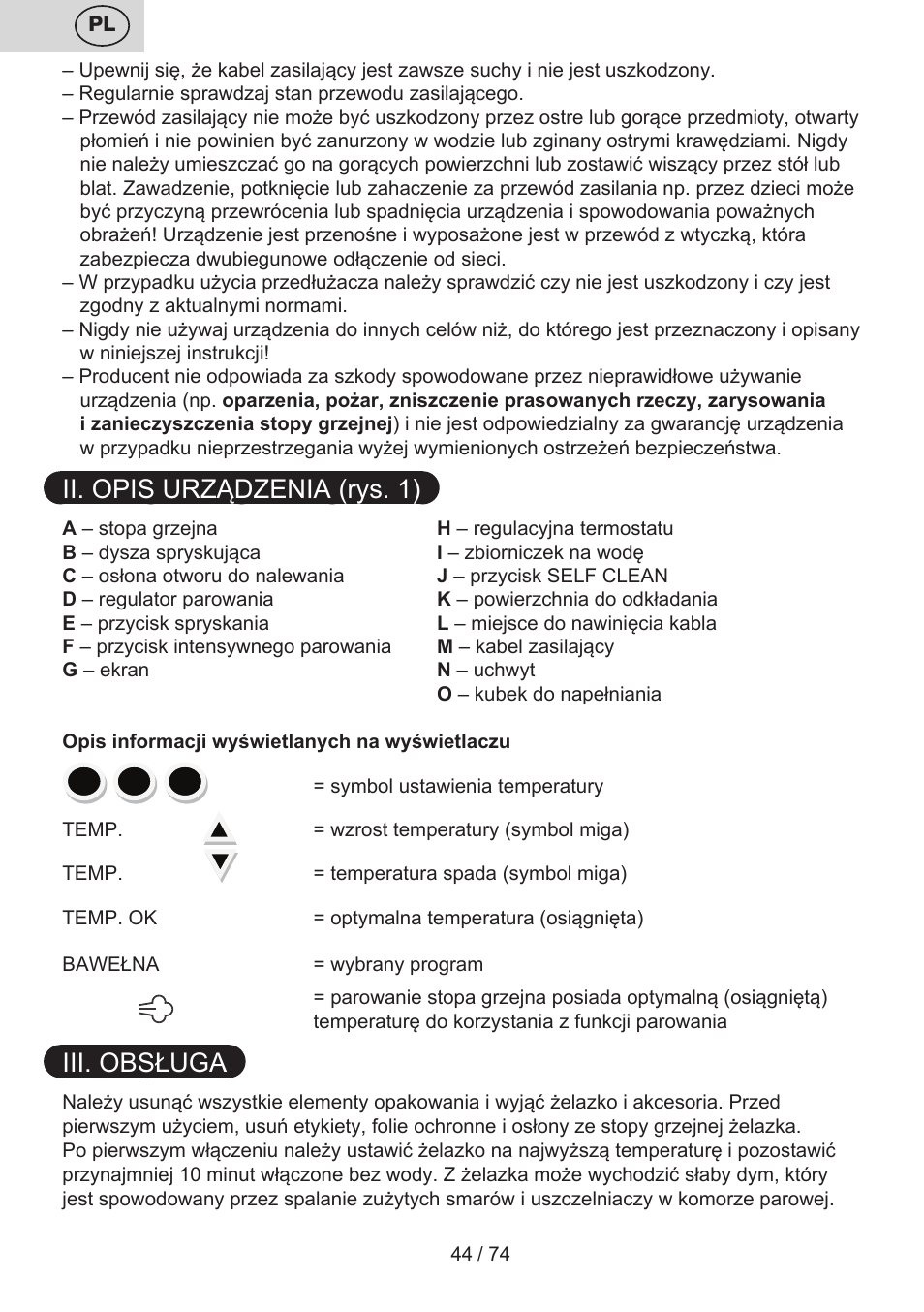 Ii. opis urządzenia (rys. 1), Iii. obsługa | ETA Digi Viento User Manual | Page 44 / 76