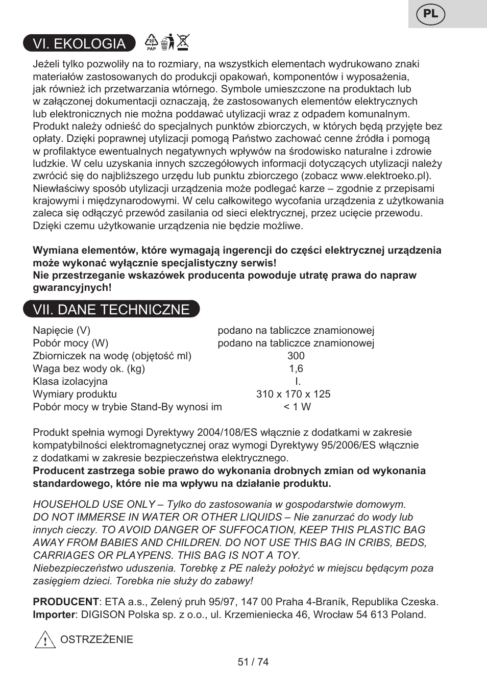 Vi. ekologia, Vii. dane techniczne | ETA Digi Viento User Manual | Page 51 / 76