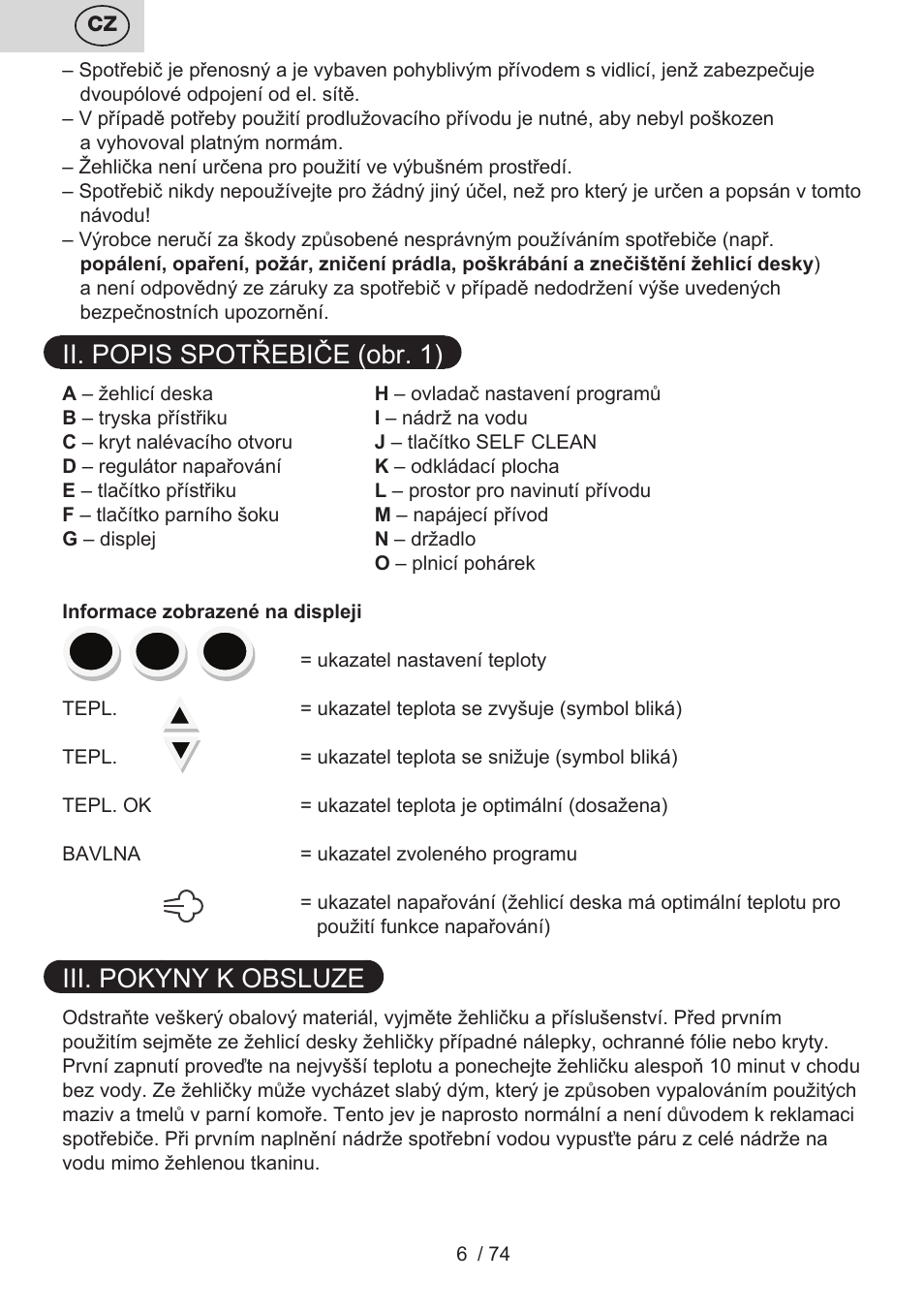 Ii. popis spotřebiče (obr. 1), Iii. pokyny k obsluze | ETA Digi Viento User Manual | Page 6 / 76