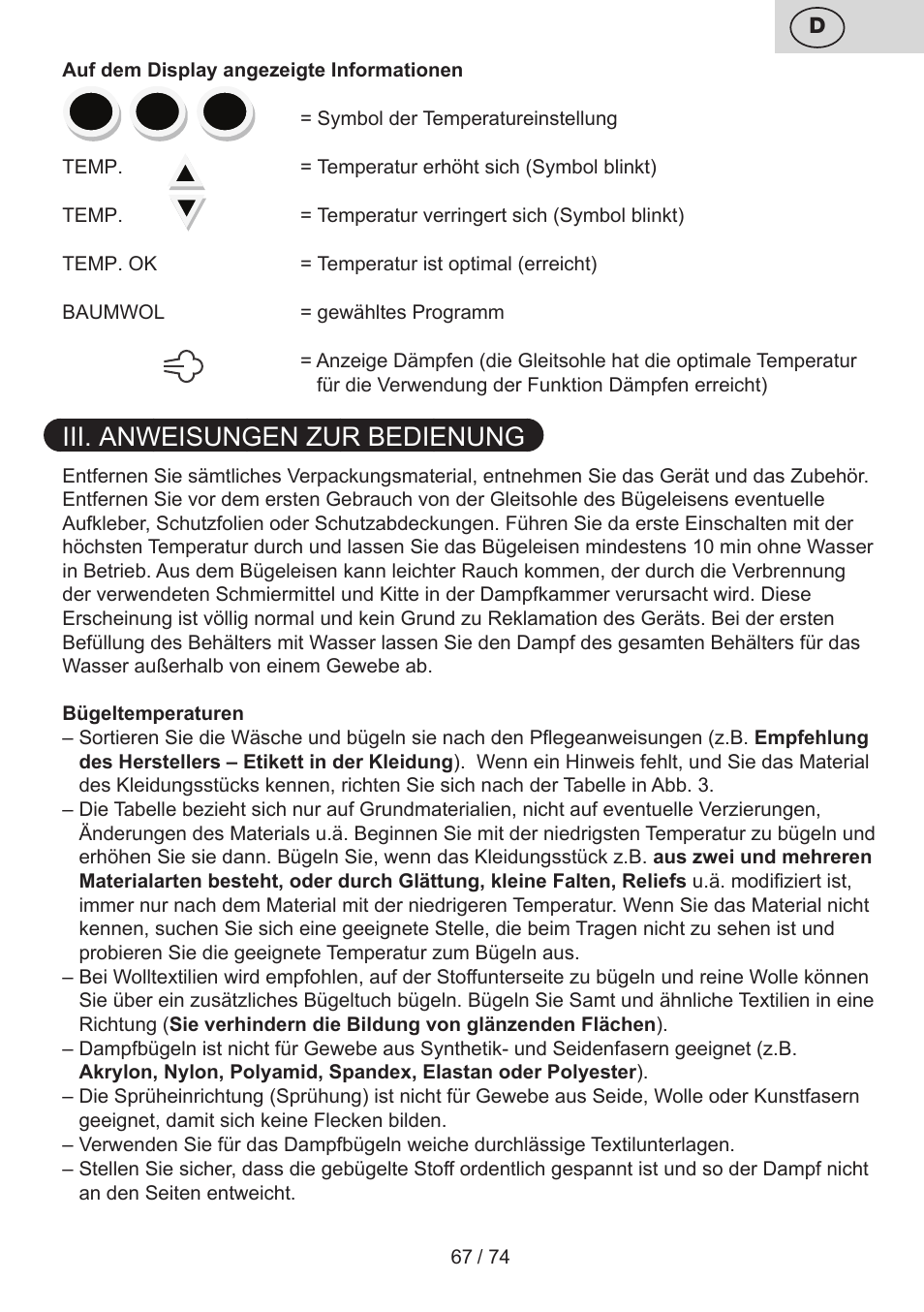 Iii. anweisungen zur bedienung | ETA Digi Viento User Manual | Page 67 / 76