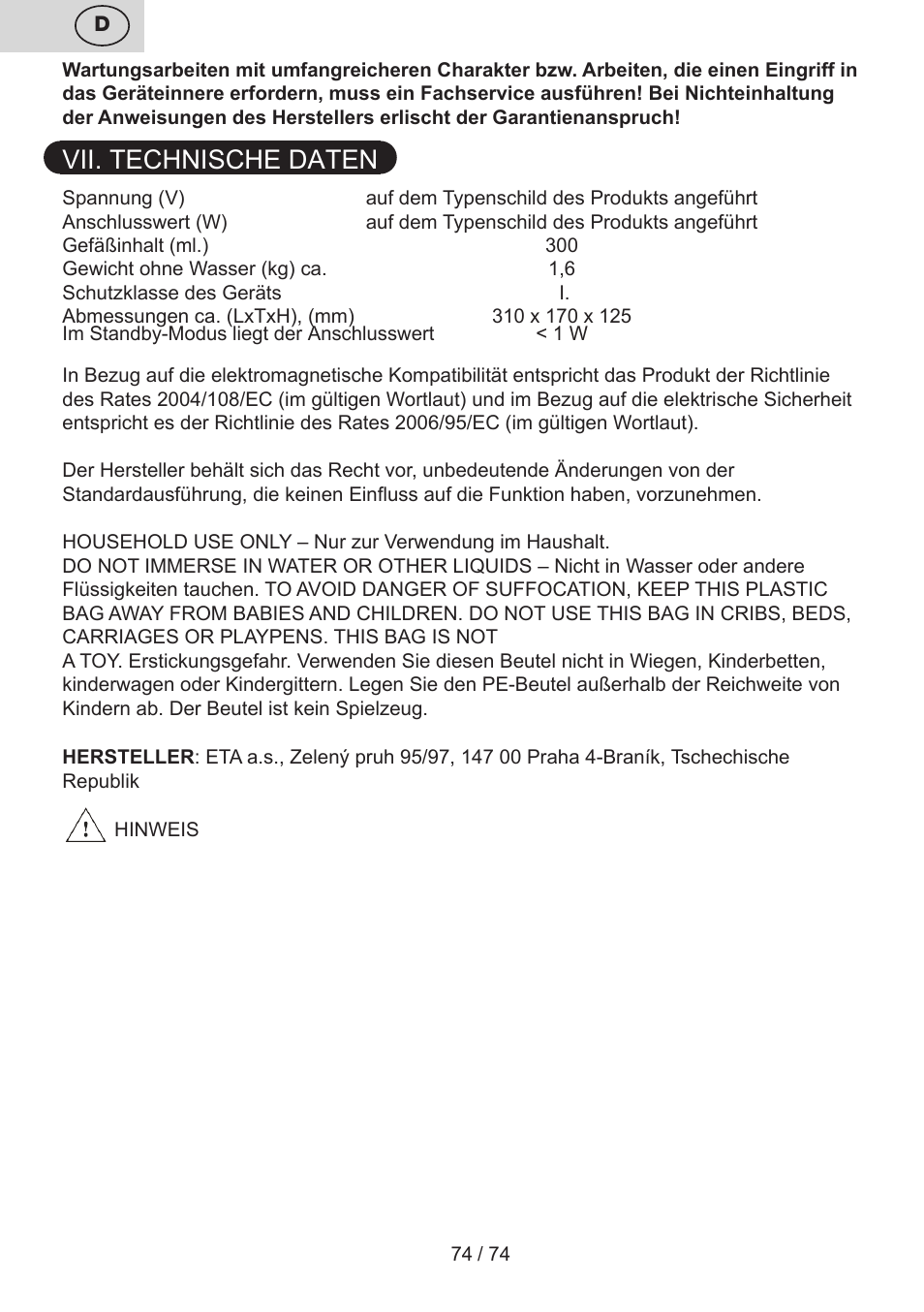 Vii. technische daten | ETA Digi Viento User Manual | Page 74 / 76