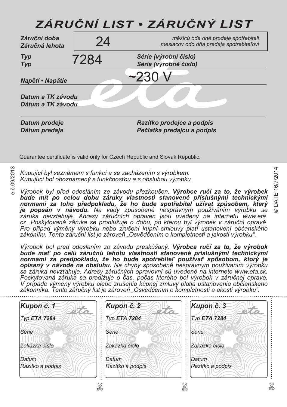 List, Záruční list • záručný | ETA Digi Viento User Manual | Page 76 / 76