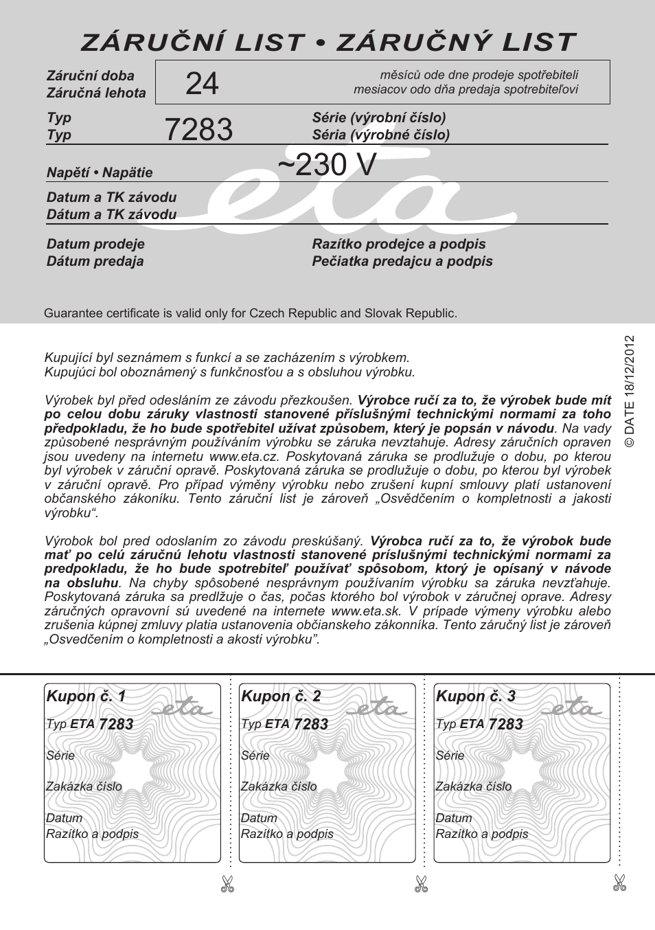 List, Záruční list • záručný | ETA Digi Lancetta User Manual | Page 92 / 92