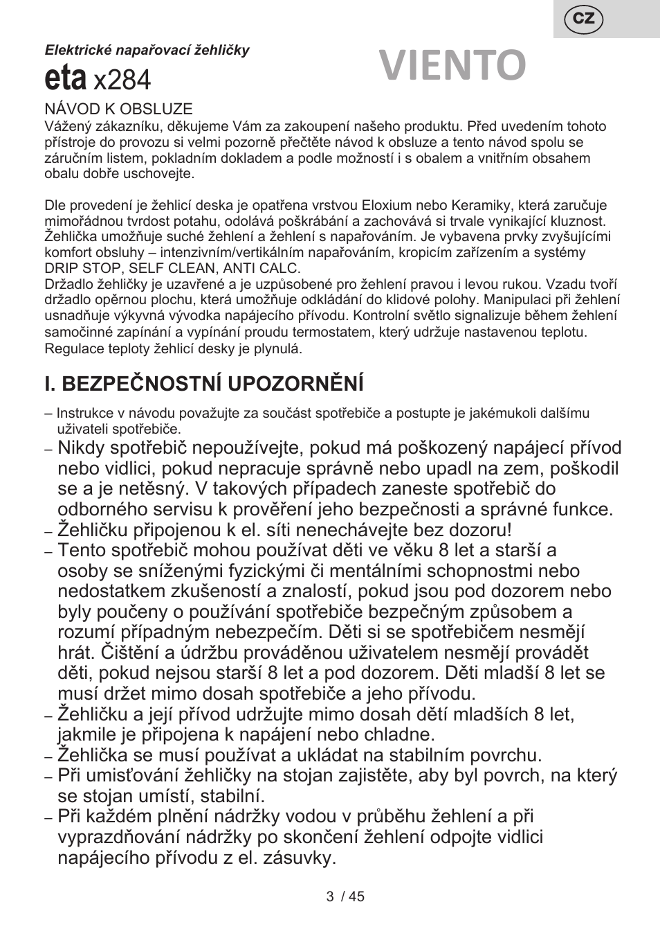 Viento, X284, I. bezpečnostní upozornění | ETA Viento User Manual | Page 3 / 48