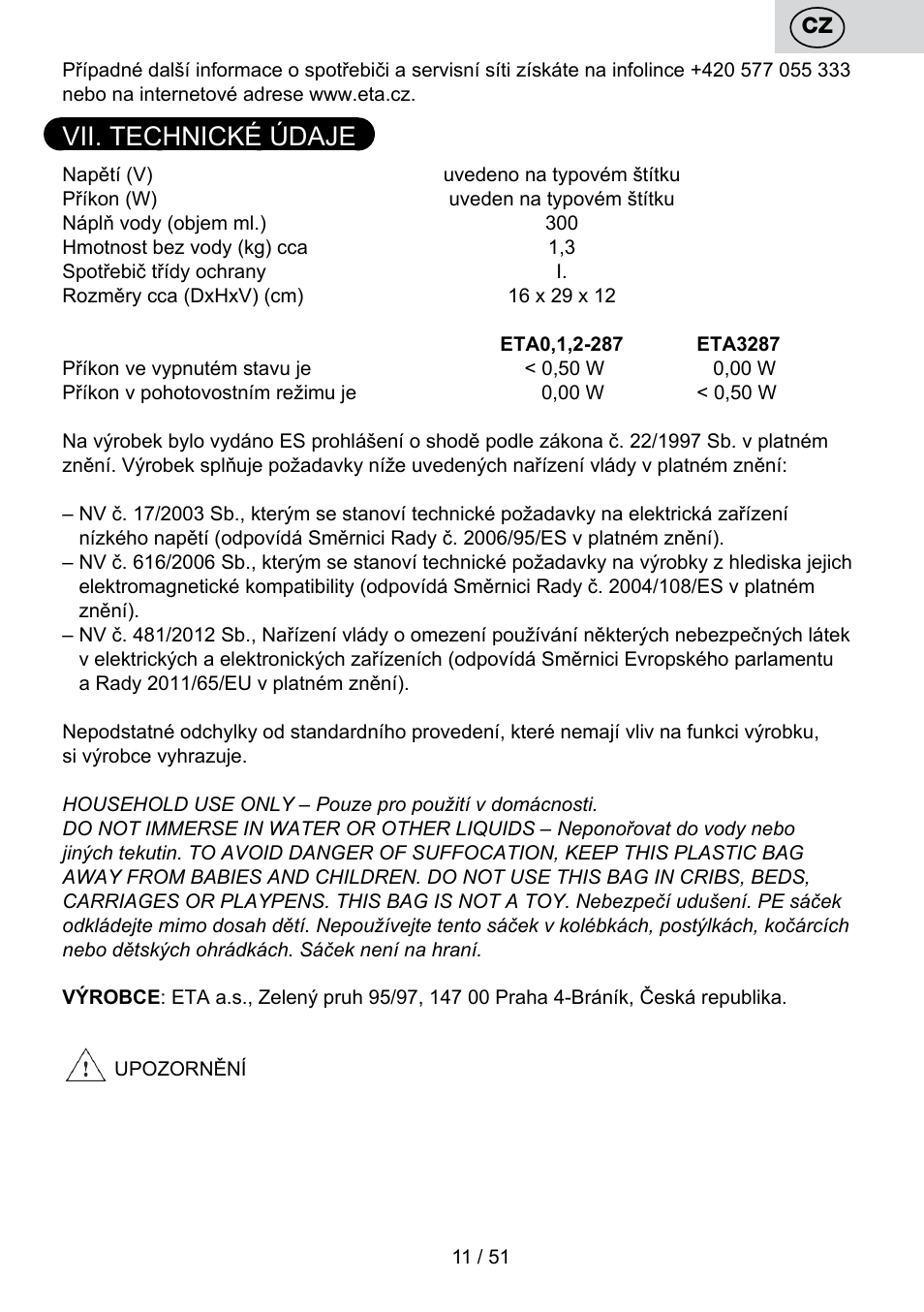 Vii. technické údaje | ETA Maesta User Manual | Page 11 / 56