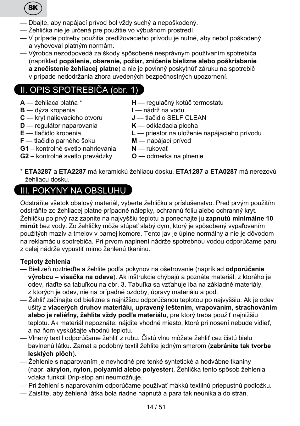 Ii. opis spotrebiča (obr. 1), Iii. pokyny na obsluhu | ETA Maesta User Manual | Page 14 / 56