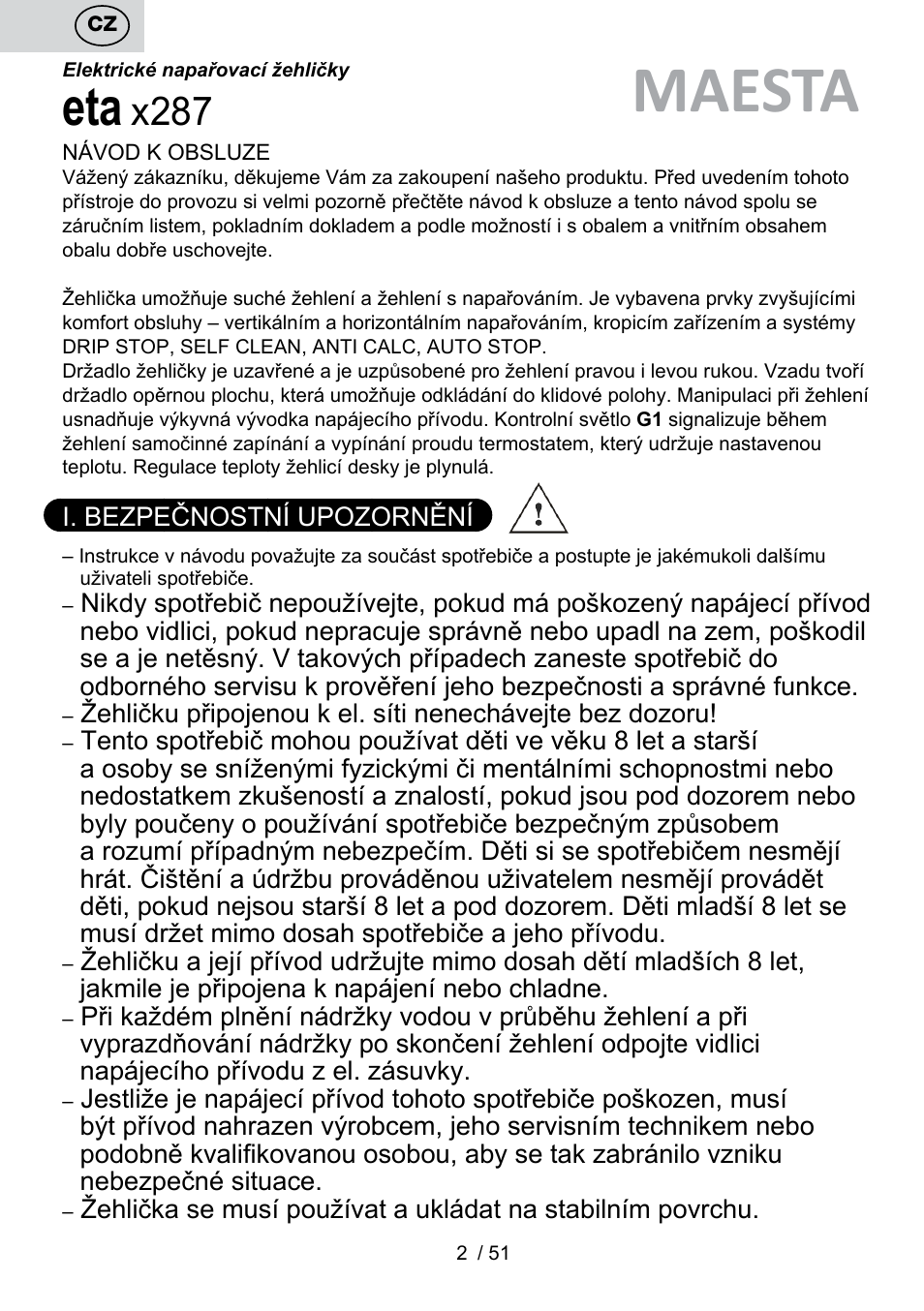 Maesta, X287 | ETA Maesta User Manual | Page 2 / 56