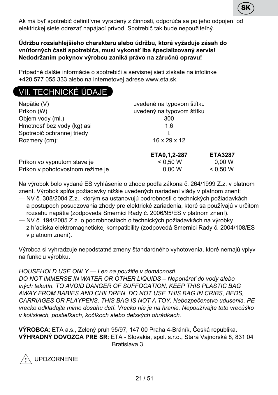 Vii. technické údaje | ETA Maesta User Manual | Page 21 / 56