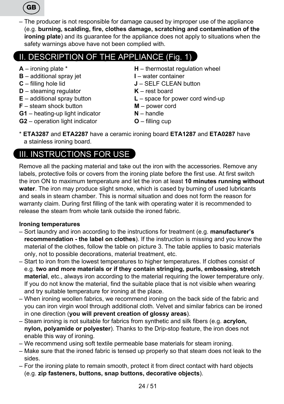 Ii. description of the appliance (fig. 1), Iii. instructions for use | ETA Maesta User Manual | Page 24 / 56