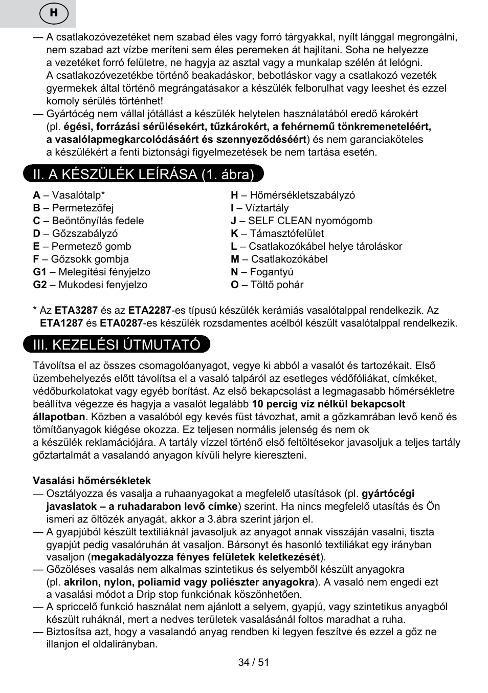 Ii. a készülék leírása (1. ábra), Iii. kezelési útmutató | ETA Maesta User Manual | Page 34 / 56