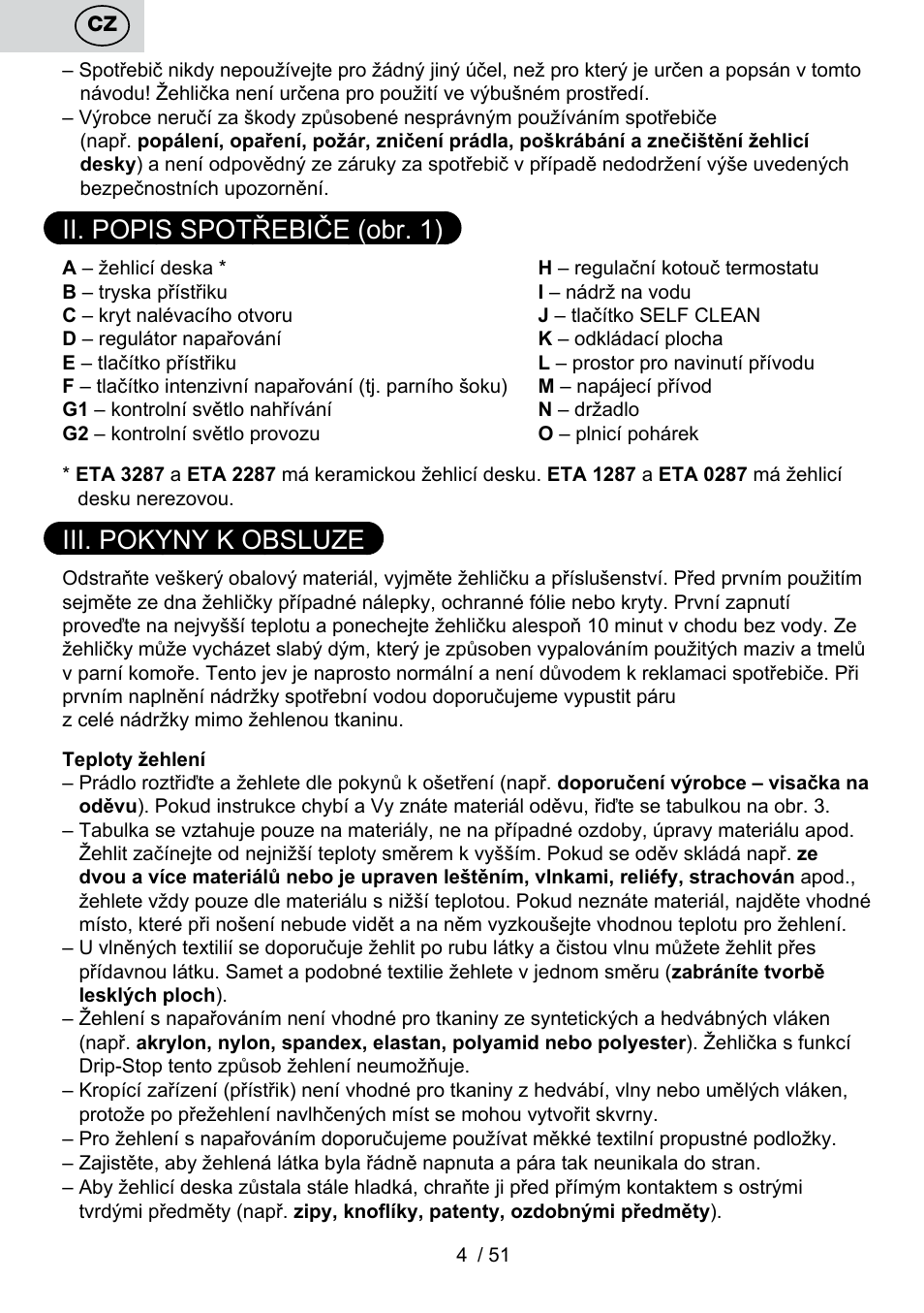 Ii. popis spotřebiče (obr. 1), Iii. pokyny k obsluze | ETA Maesta User Manual | Page 4 / 56
