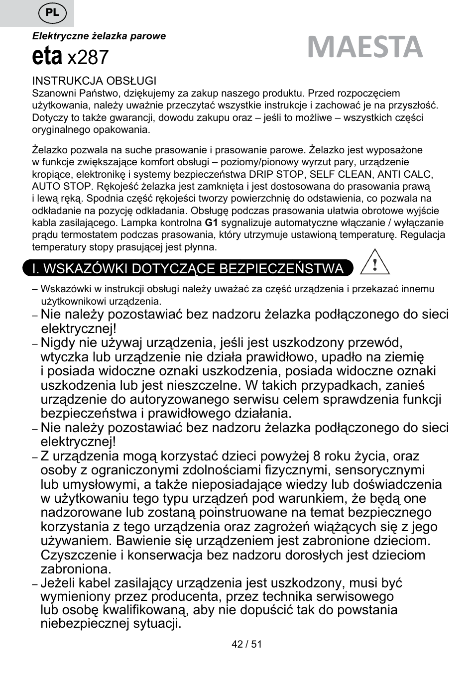 Maesta, X287 | ETA Maesta User Manual | Page 42 / 56