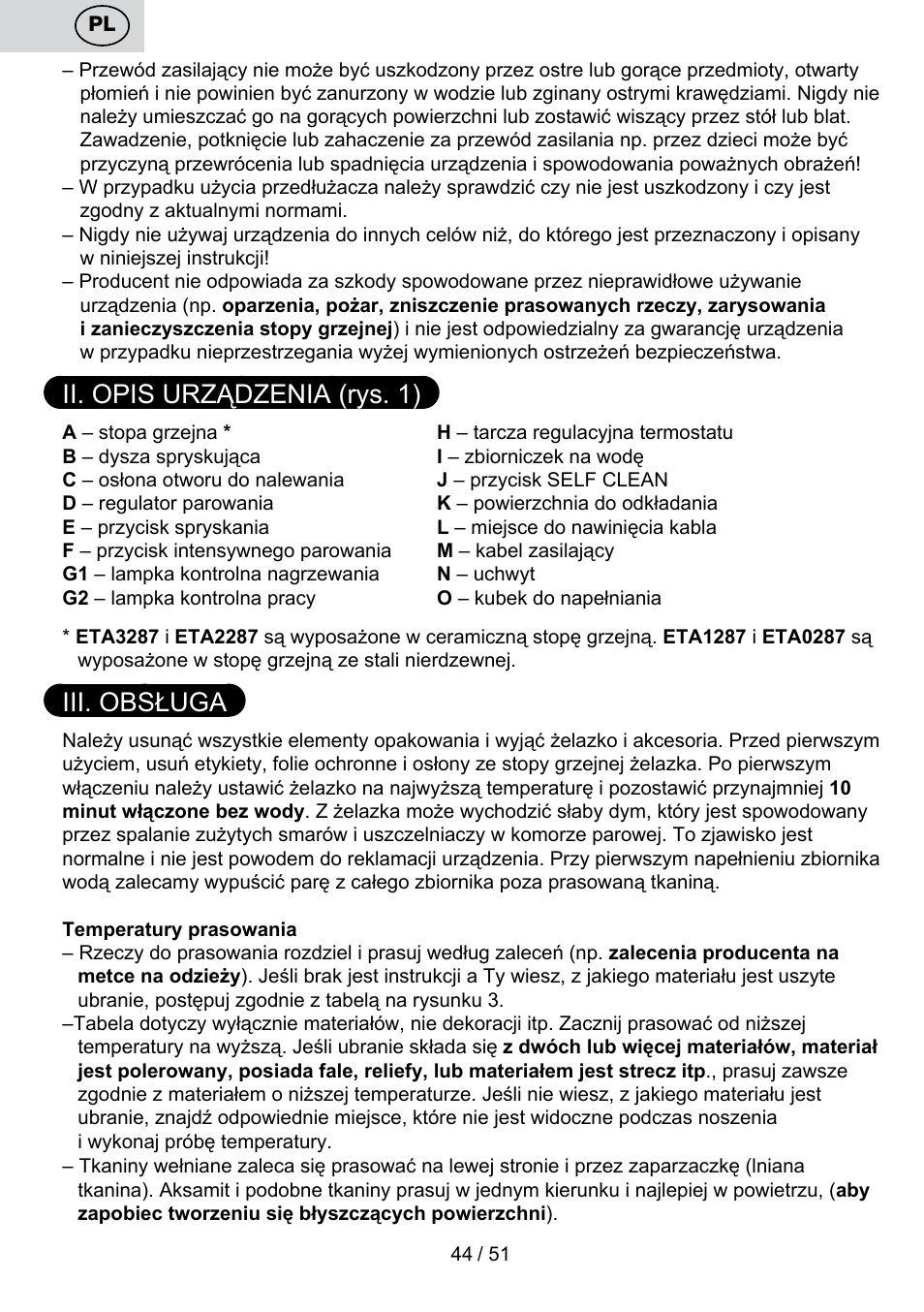 Ii. opis urządzenia (rys. 1), Iii. obsługa | ETA Maesta User Manual | Page 44 / 56