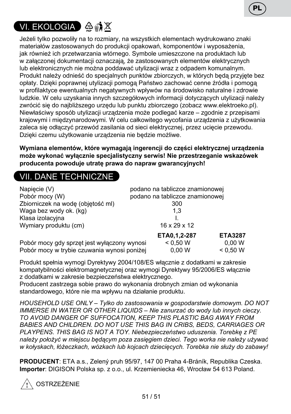 Vi. ekologia, Vii. dane techniczne | ETA Maesta User Manual | Page 51 / 56