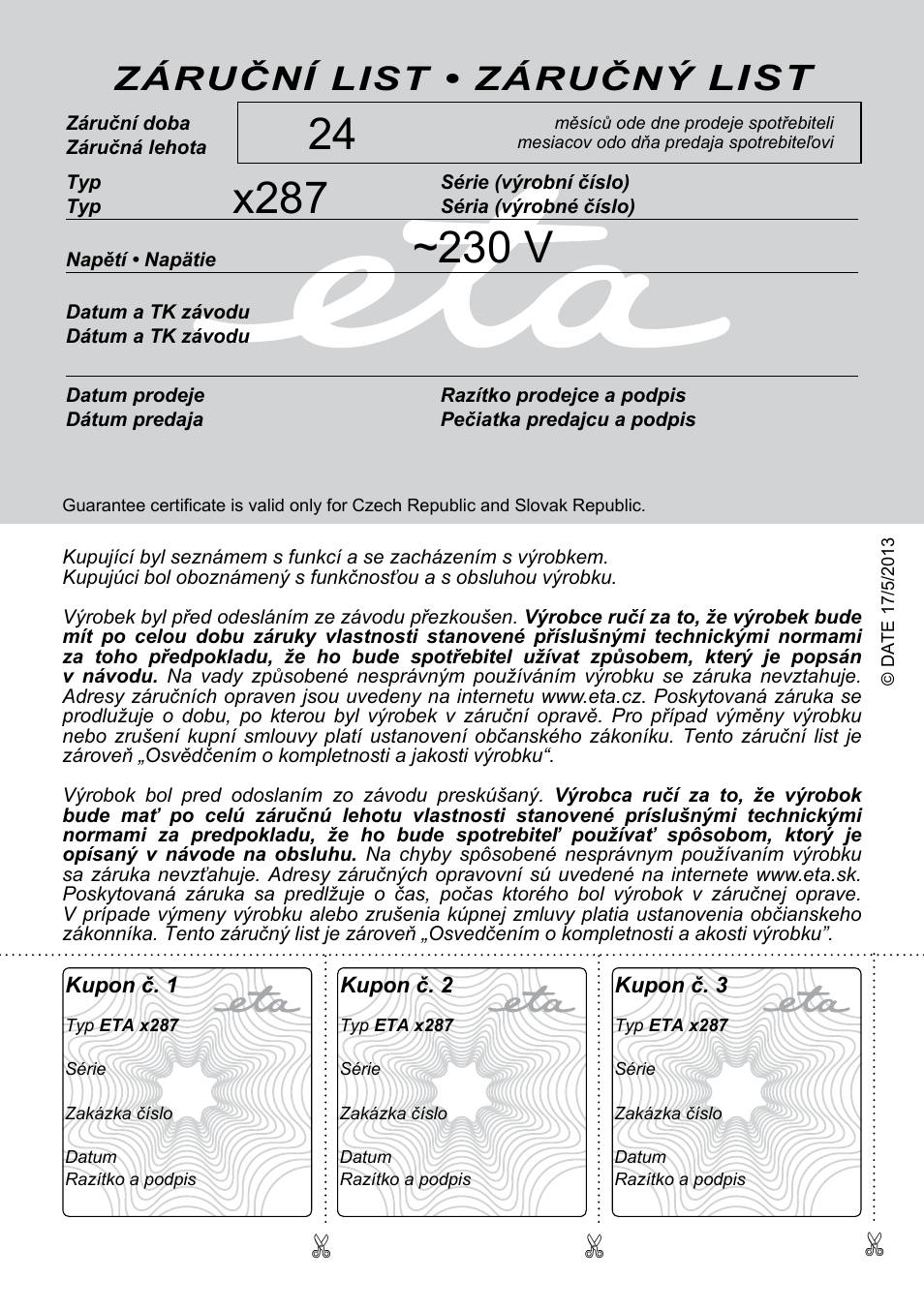 List, Záruční list • záručný | ETA Maesta User Manual | Page 56 / 56