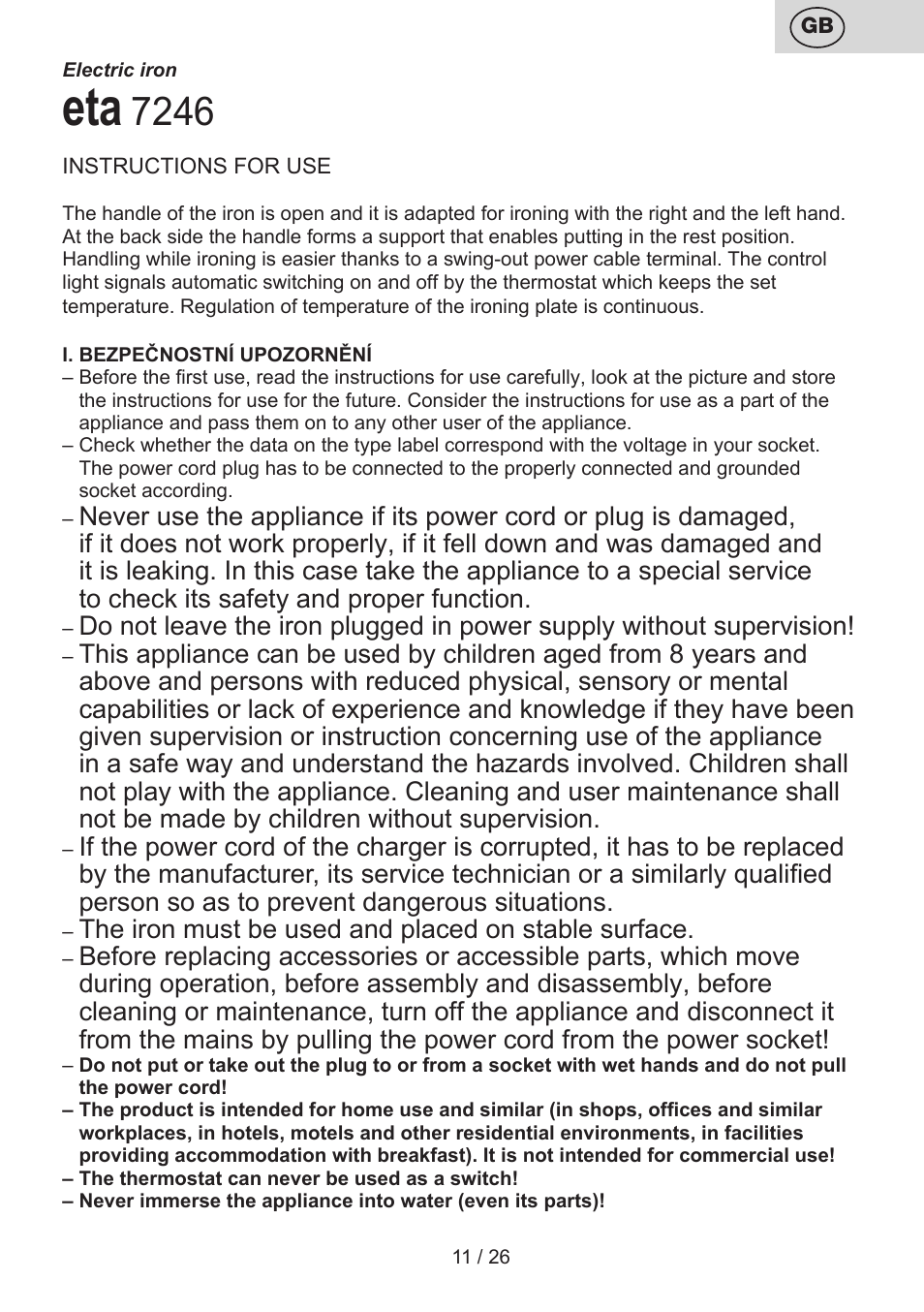 ETA Tradiční suchá žehlička 7246 User Manual | Page 11 / 28
