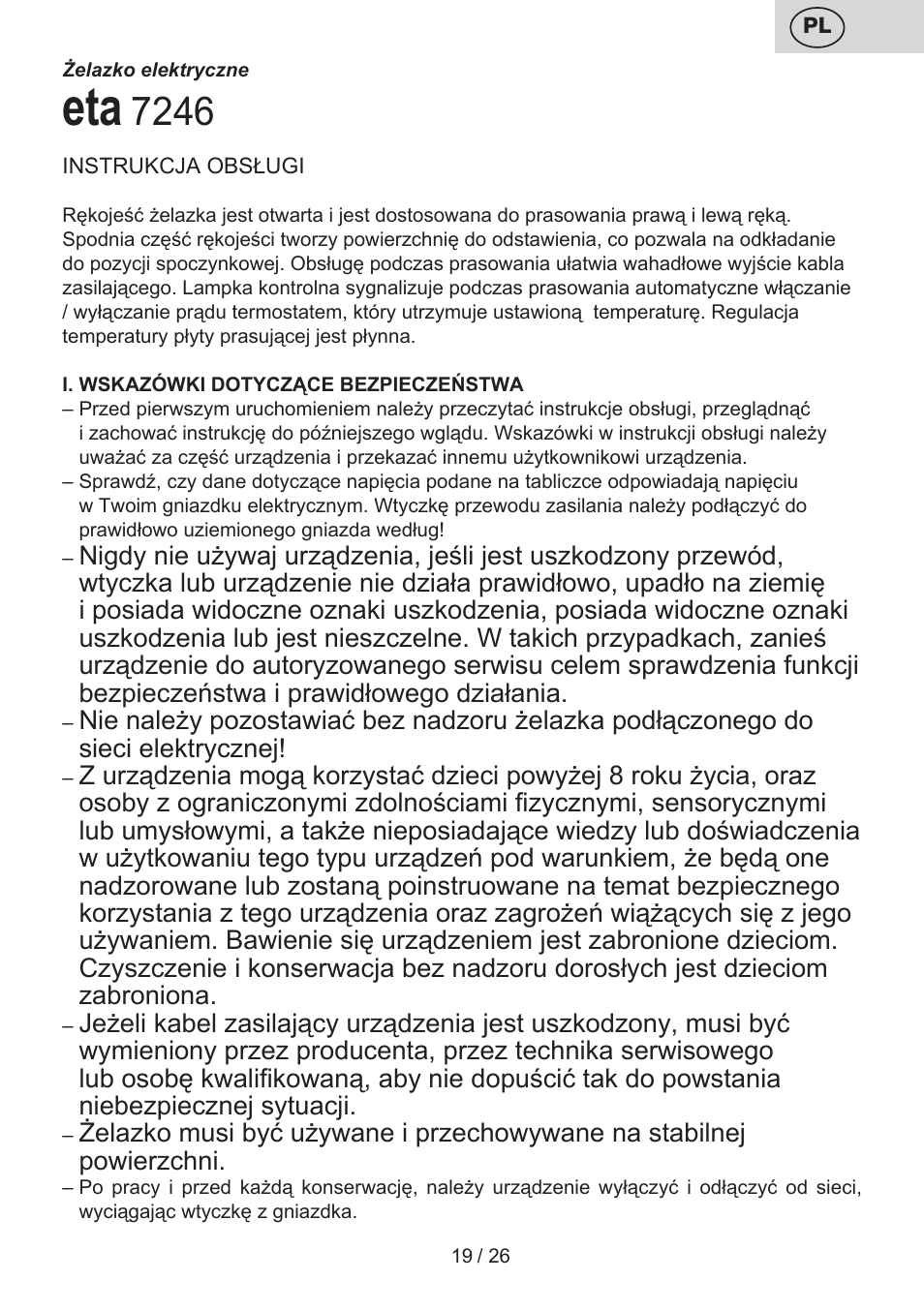 ETA Tradiční suchá žehlička 7246 User Manual | Page 19 / 28