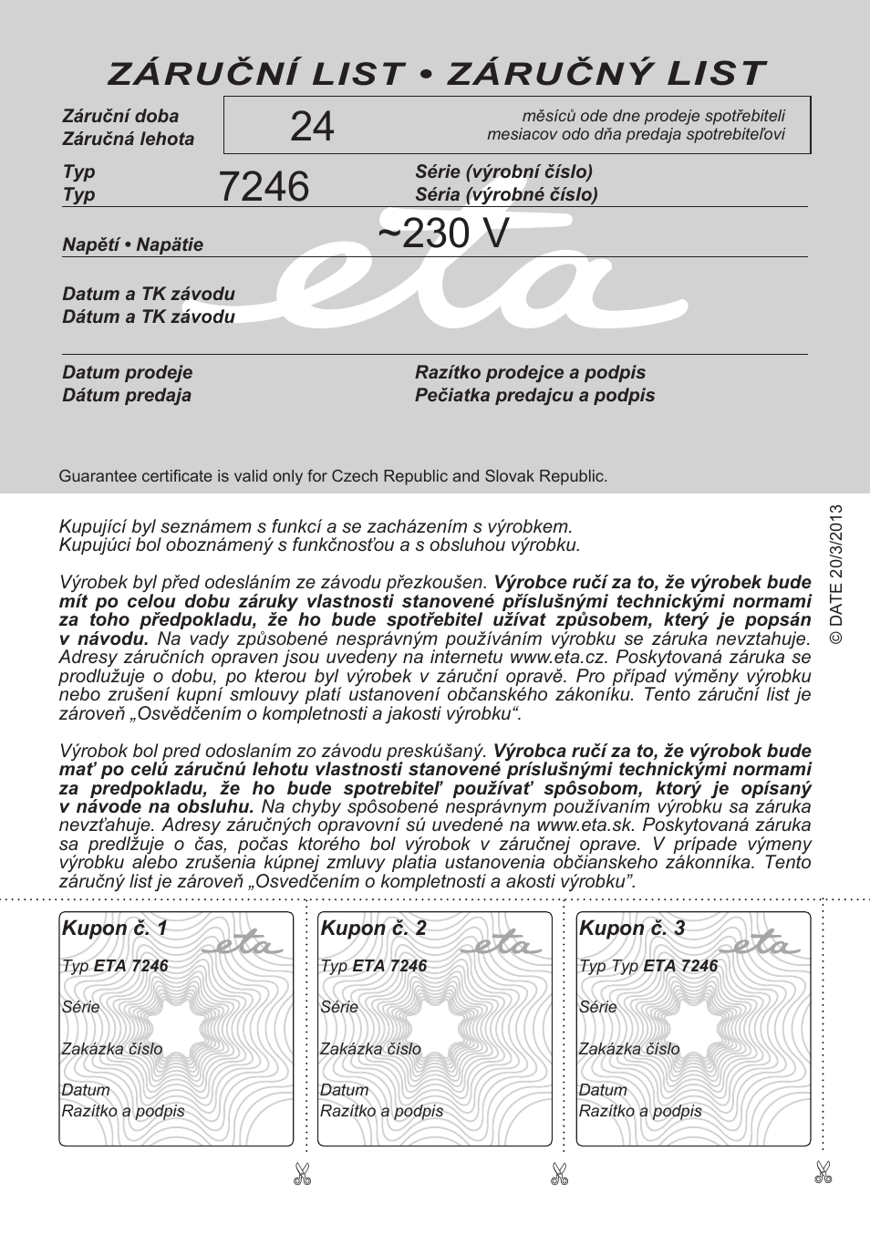 List, Záruční list • záručný | ETA Tradiční suchá žehlička 7246 User Manual | Page 28 / 28