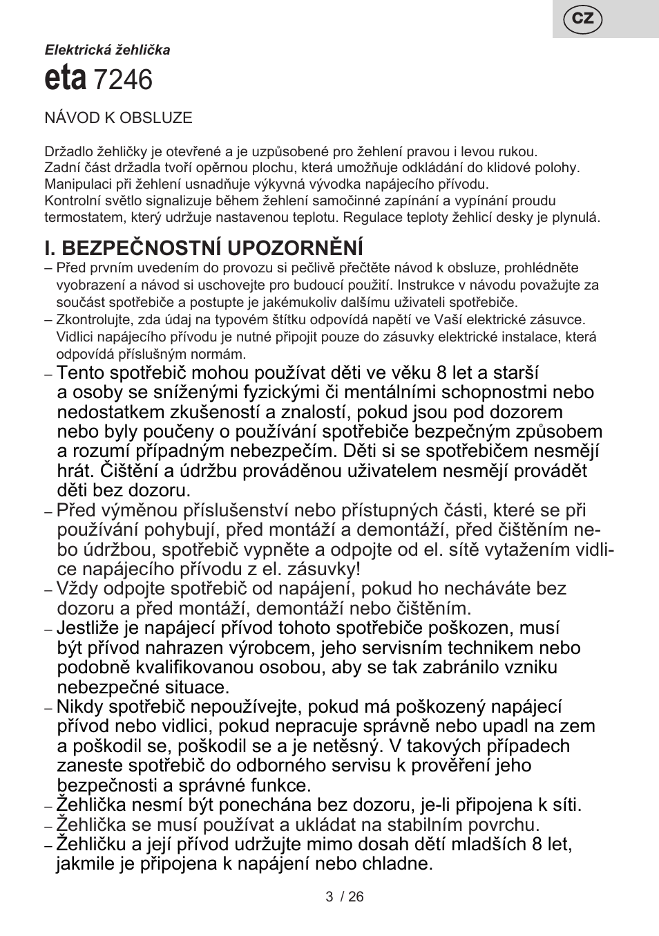 I. bezpečnostní upozornění | ETA Tradiční suchá žehlička 7246 User Manual | Page 3 / 28