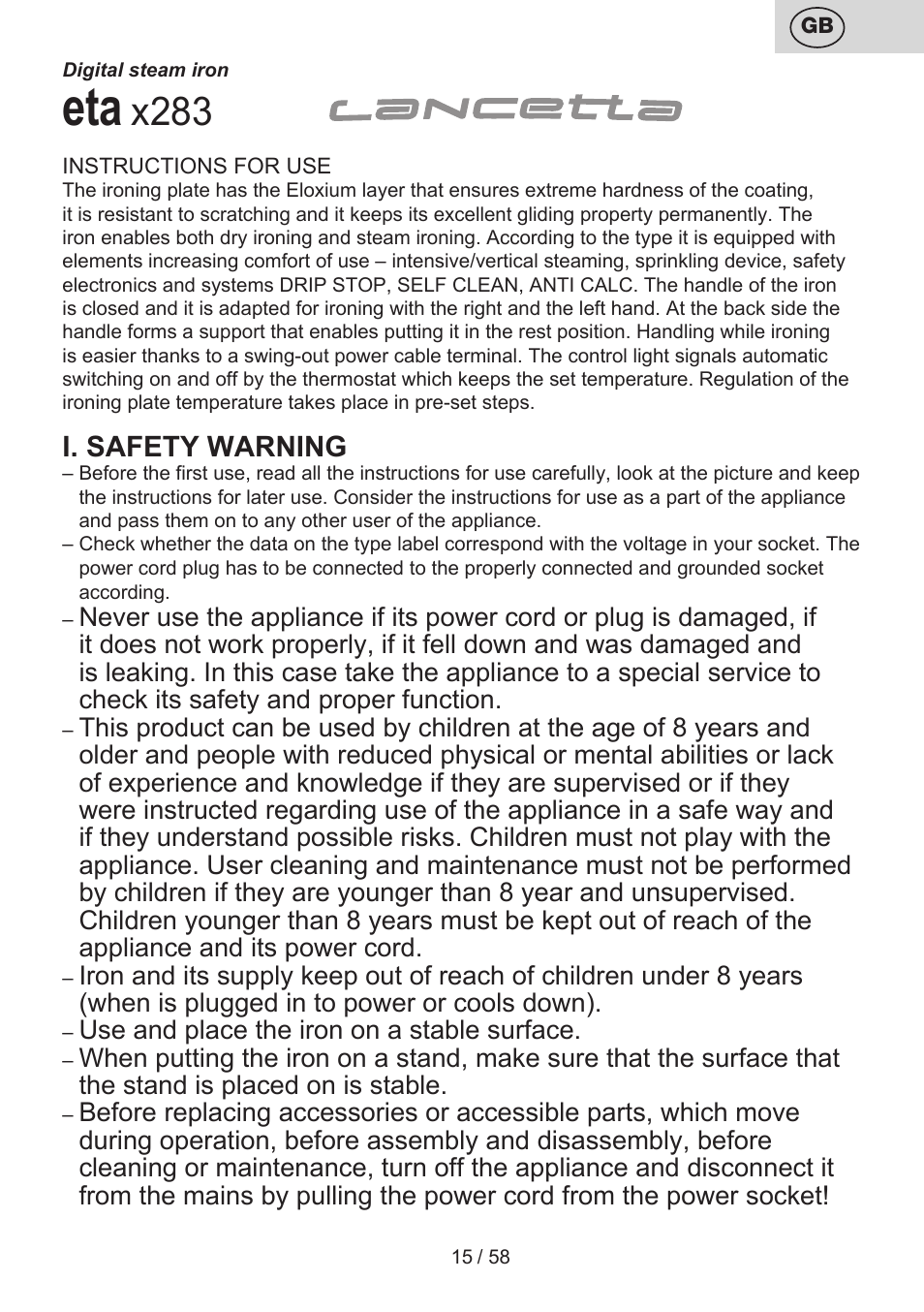 X283, I. safety warning | ETA Lancetta User Manual | Page 15 / 60
