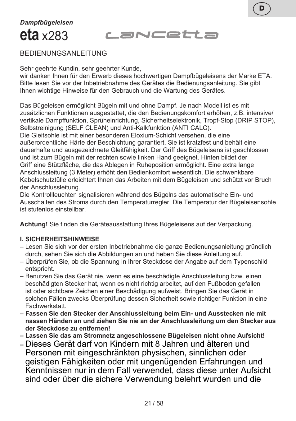 X283 | ETA Lancetta User Manual | Page 21 / 60
