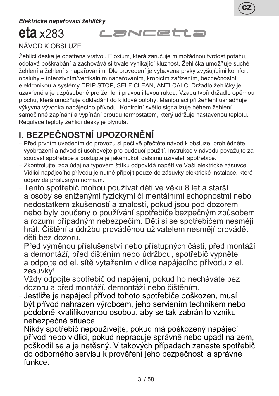 X283, I. bezpečnostní upozornění | ETA Lancetta User Manual | Page 3 / 60