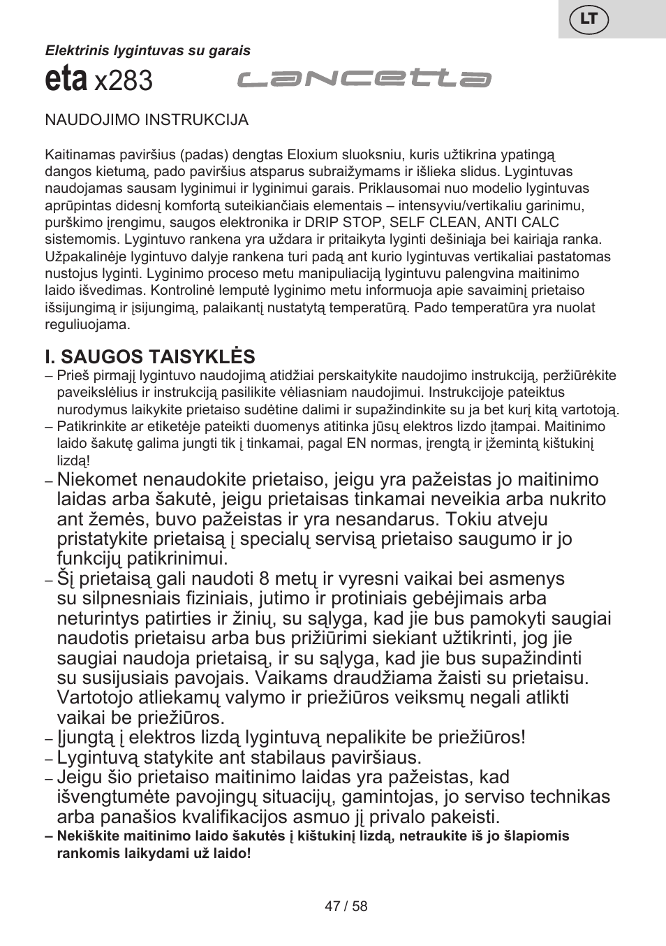 X283 | ETA Lancetta User Manual | Page 47 / 60
