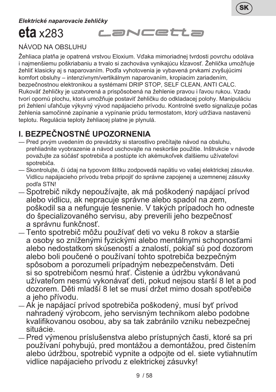 X283 | ETA Lancetta User Manual | Page 9 / 60