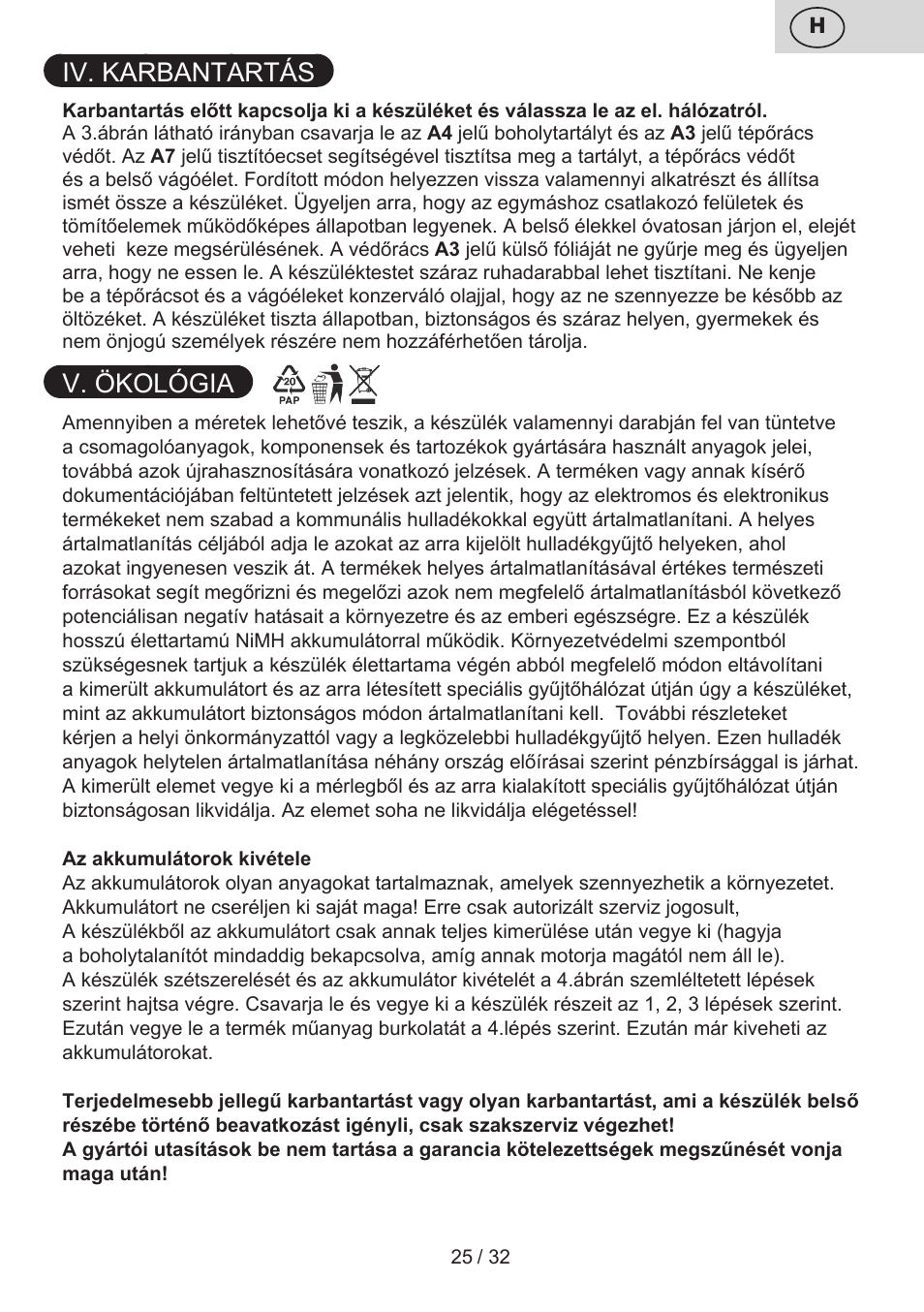 Iv. karbantartás, V. ökológia | ETA Linty User Manual | Page 25 / 36