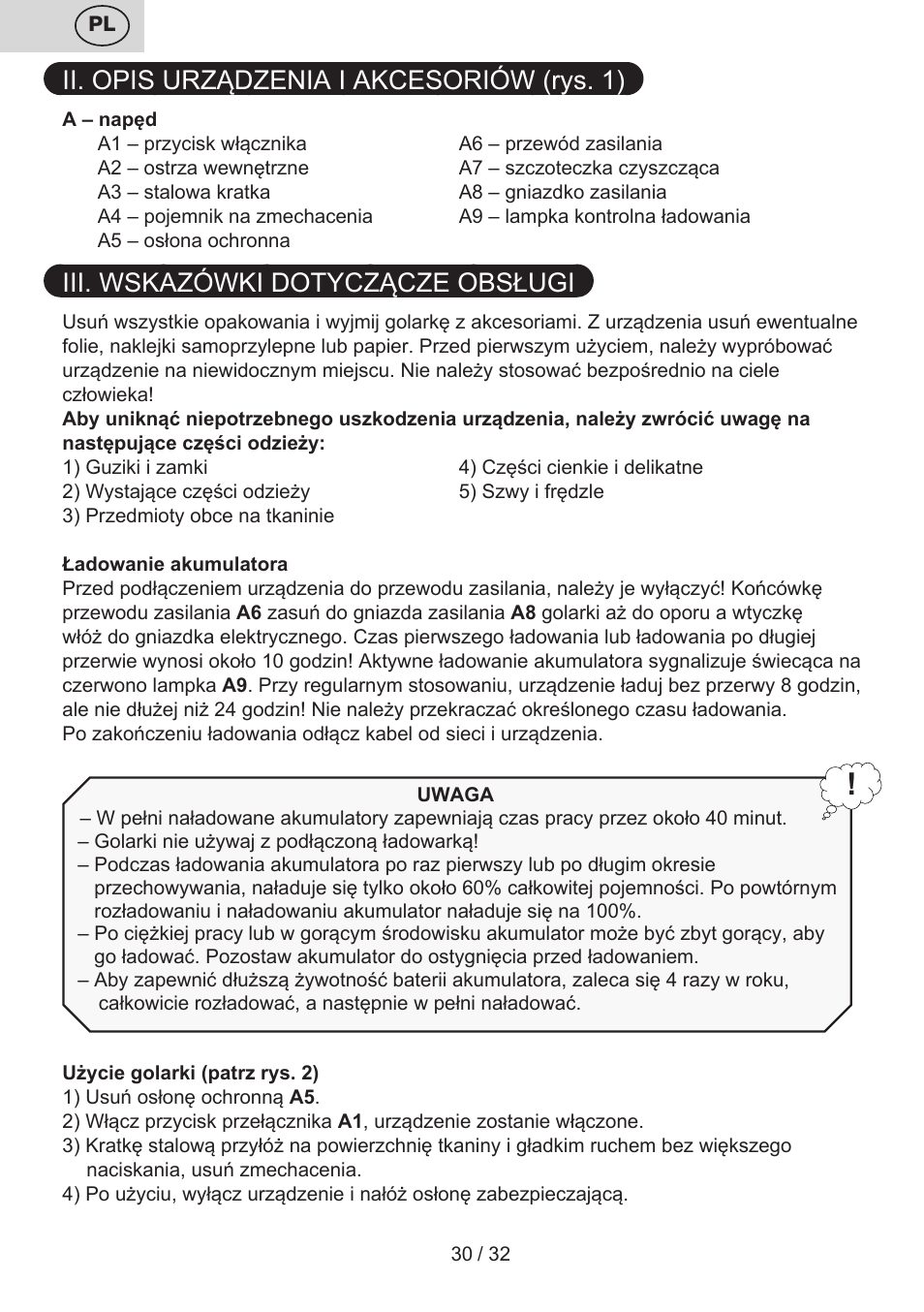 Ii. opis urządzenia i akcesoriów (rys. 1), Iii. wskazówki dotyczącze obsługi | ETA Linty User Manual | Page 30 / 36