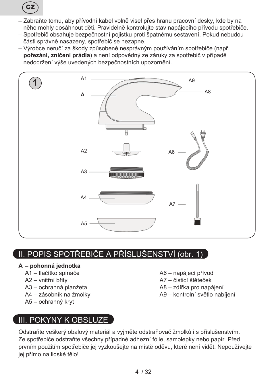 Ii. popis spotřebiče a příslušenství (obr. 1), Iii. pokyny k obsluze | ETA Linty User Manual | Page 4 / 36