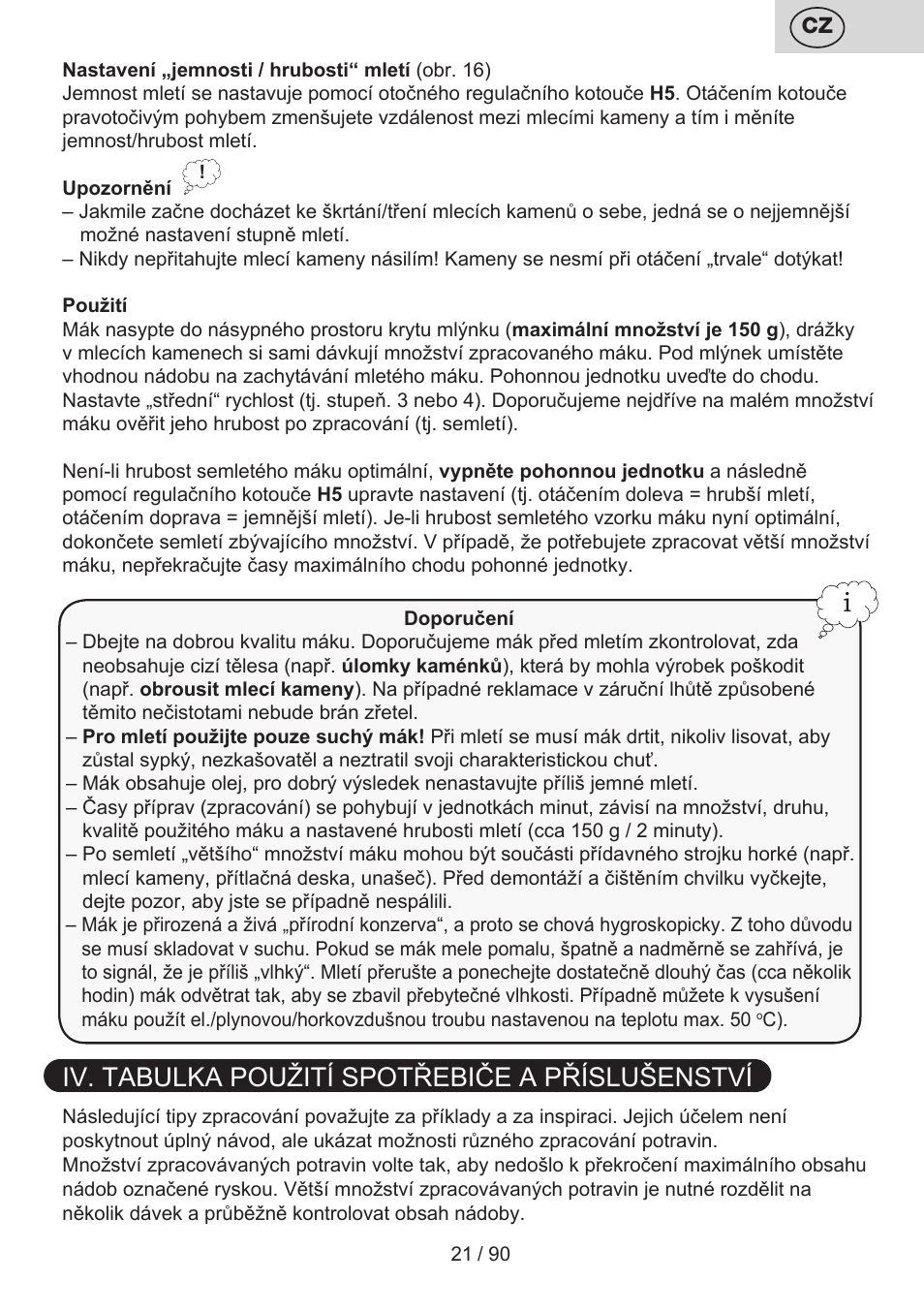 Iv. tabulka použití spotřebiče a příslušenství | ETA Gratus Maxipasta User Manual | Page 21 / 92