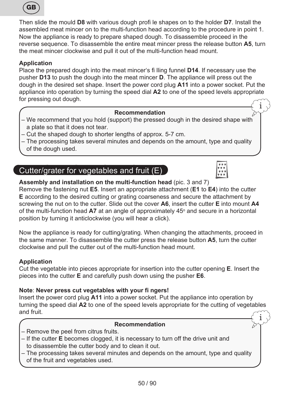 Cutter/grater for vegetables and fruit (e) | ETA Gratus Maxipasta User Manual | Page 50 / 92