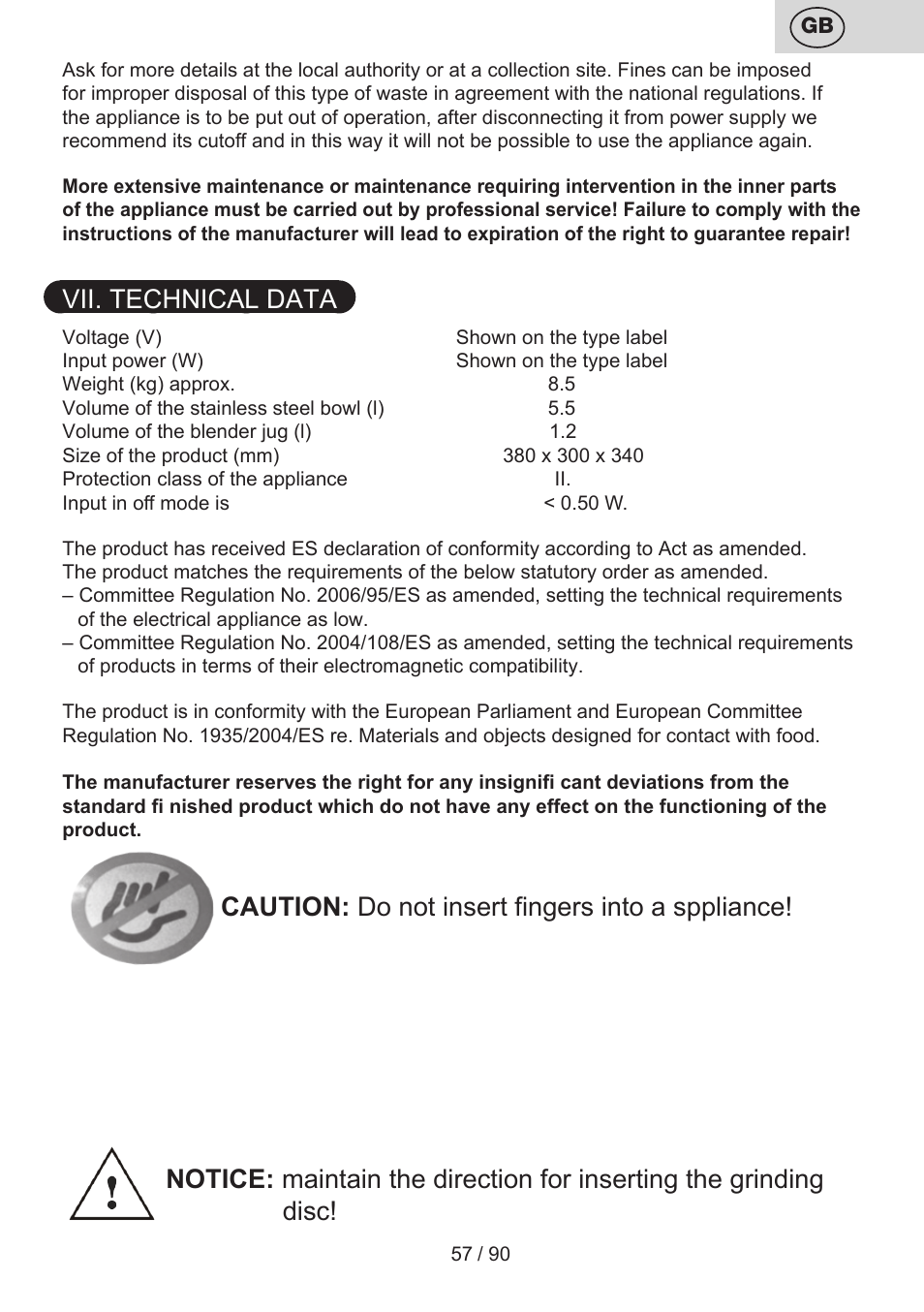 Vii. technical data, Caution: do not insert fingers into a sppliance | ETA Gratus Maxipasta User Manual | Page 57 / 92