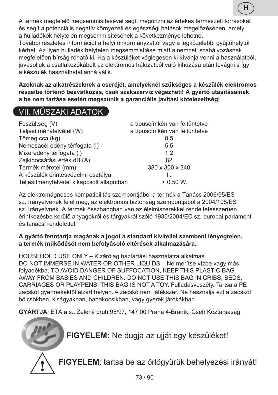 Vii. műszaki adatok | ETA Gratus Maxipasta User Manual | Page 73 / 92